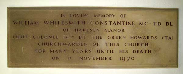 Major W W Constantine's Memorial Plaque in the Church of St. Oswald, East Harlsey